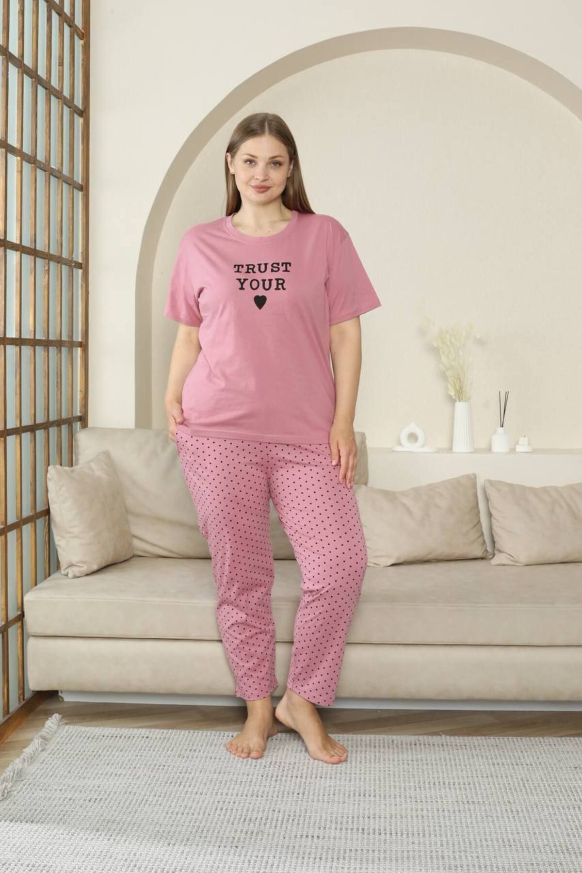 dealp Kadın Battal Boy %100 Pamuk Büyük Beden Kısa Kol Cepli Yazlık Pijama Takımı