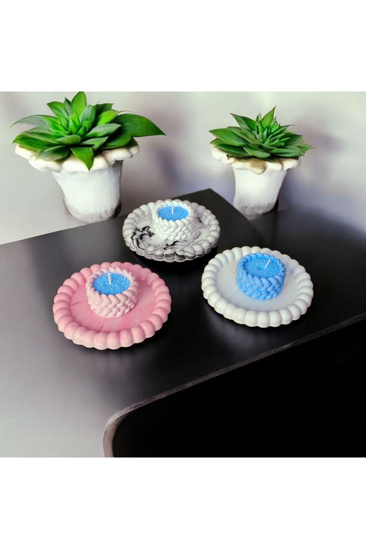 YILDIZ DECOR bubble tabak üzerinde örgü mumluk 6 lı set rengarenk dekoratif sunumluk obje