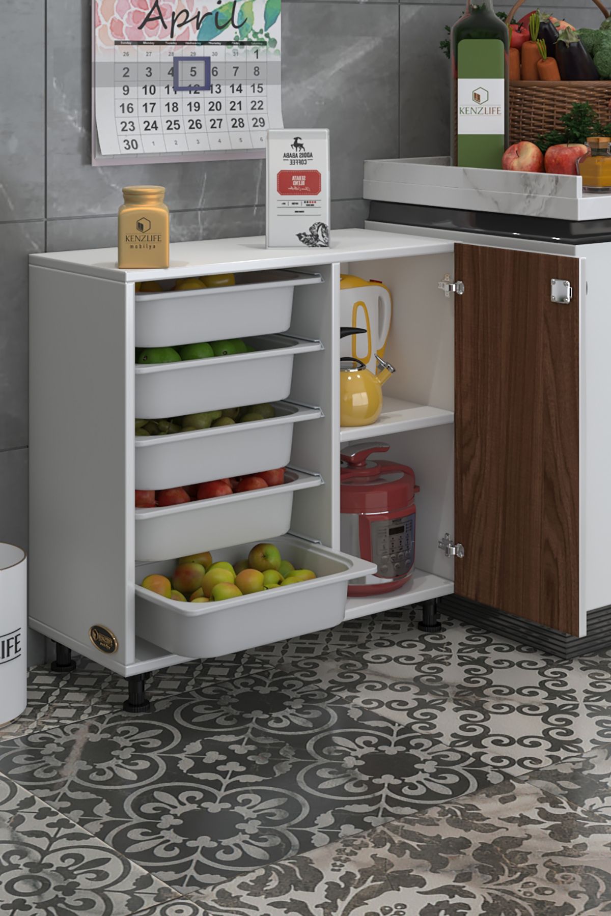 Kenzlife sepetli kilitli mutfak dolabı şükufe cvzbyz 074*075*32 erzak 5 sepetli