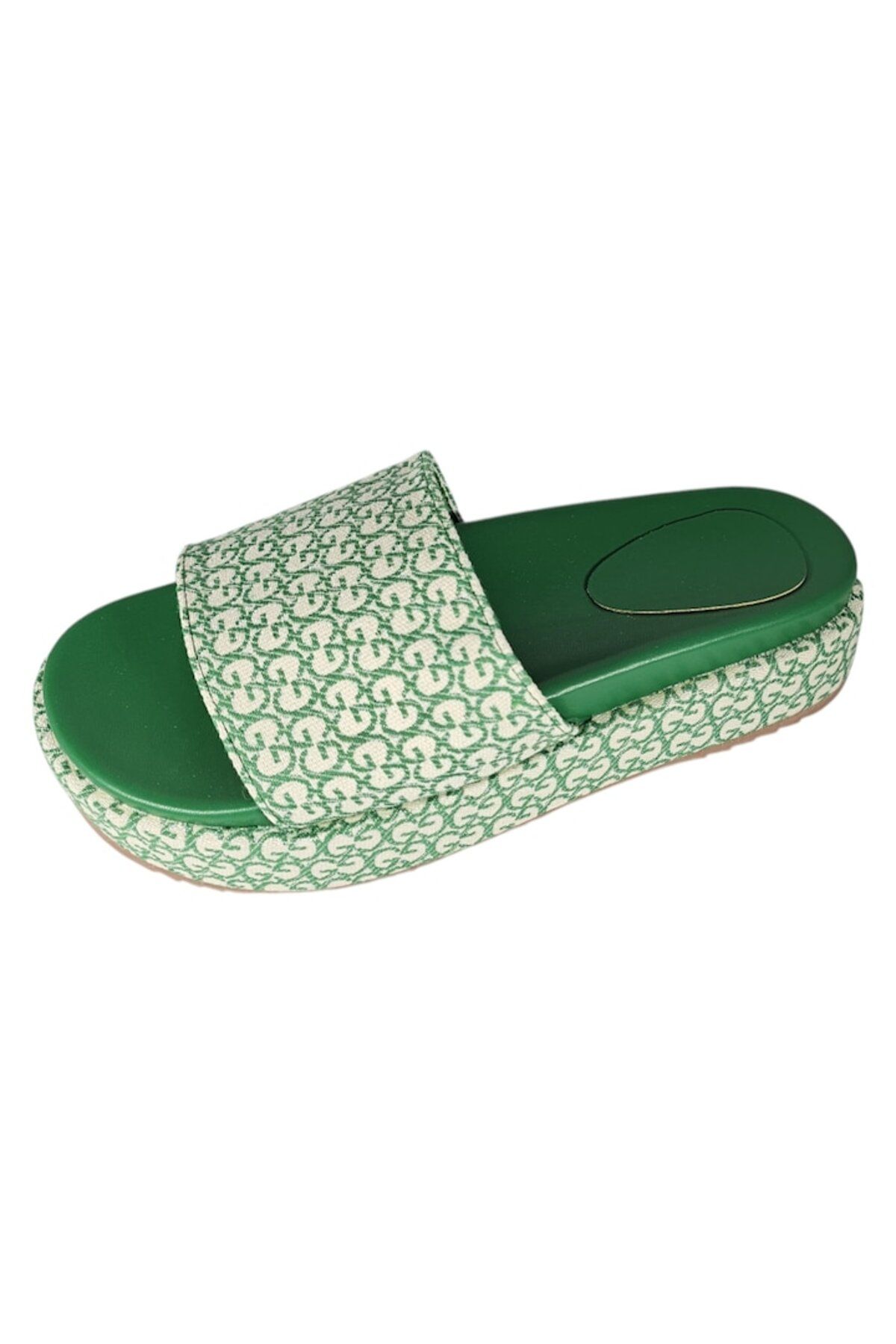 Ego-Women's Flatform Slippers 4.5 cm, EGO GC Monogram, Green Textile, Size 38 EU 2