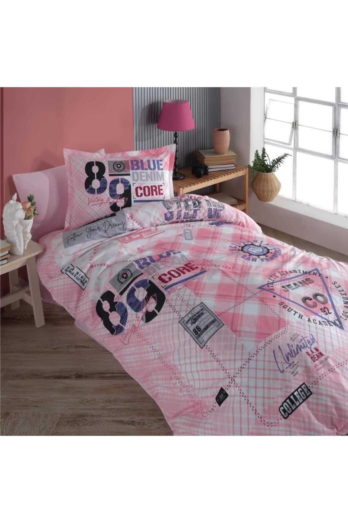swilex + Genç Ranforce Tek Kişilik Nevresim Takımı Denim v1 Pembe