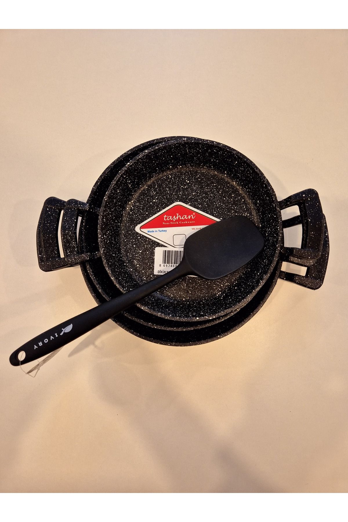 TAŞHAN Döküm Granit 3'lü Sahan 18-20-22 Cm Siyah SİLİKON SPATULA HEDİYELİ YUMURTA SAHANI OMLET SETİ