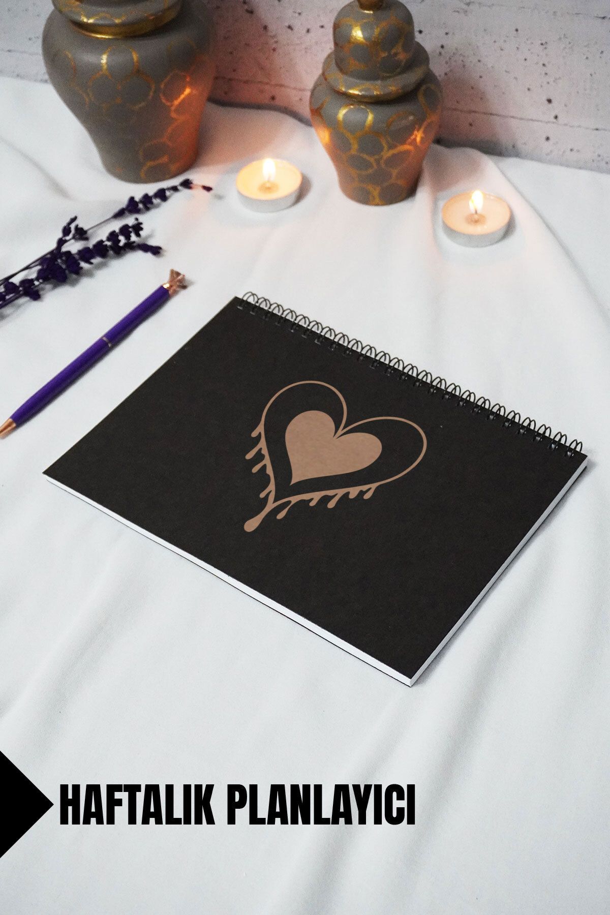 markcat A5 Kalp Temalı Siyah Kraft Kapaklı Defter - Çizgili Defter - 60 yaprak (120 sayfa) 15x21 cm