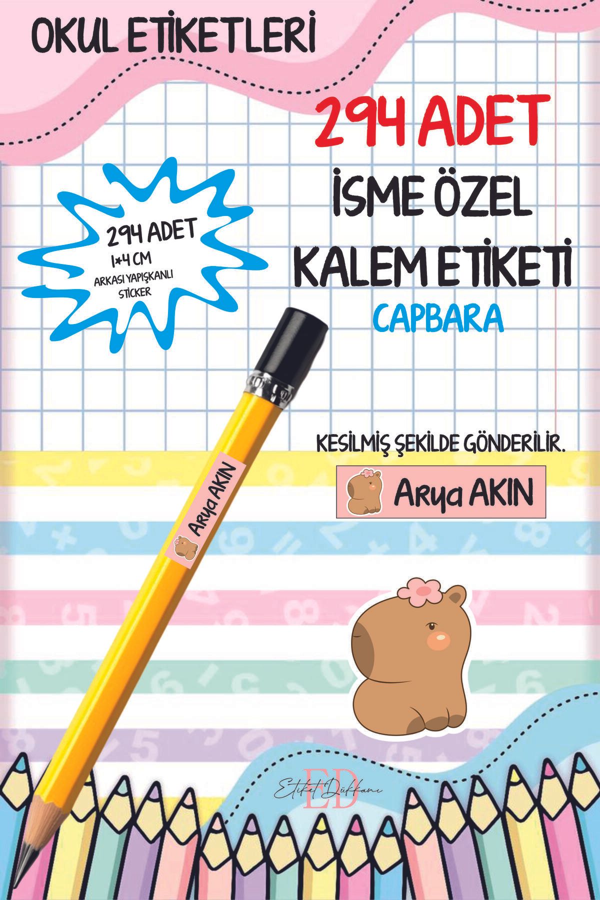 ETİKETİM Okul Etiketi Kalem Etiketi İsimli Kişiye Özel Capybara 294 ADET