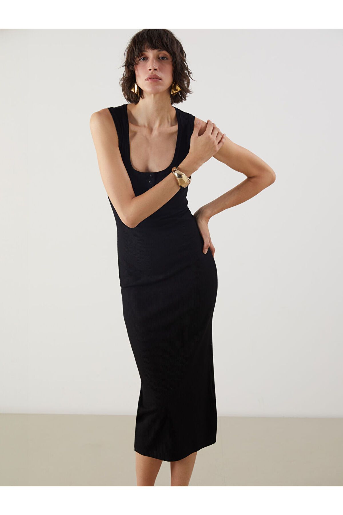 LC Waikiki LCW Vision Siyah U Yaka Dokulu Bodycon Elbise S5M639Z8NVY25