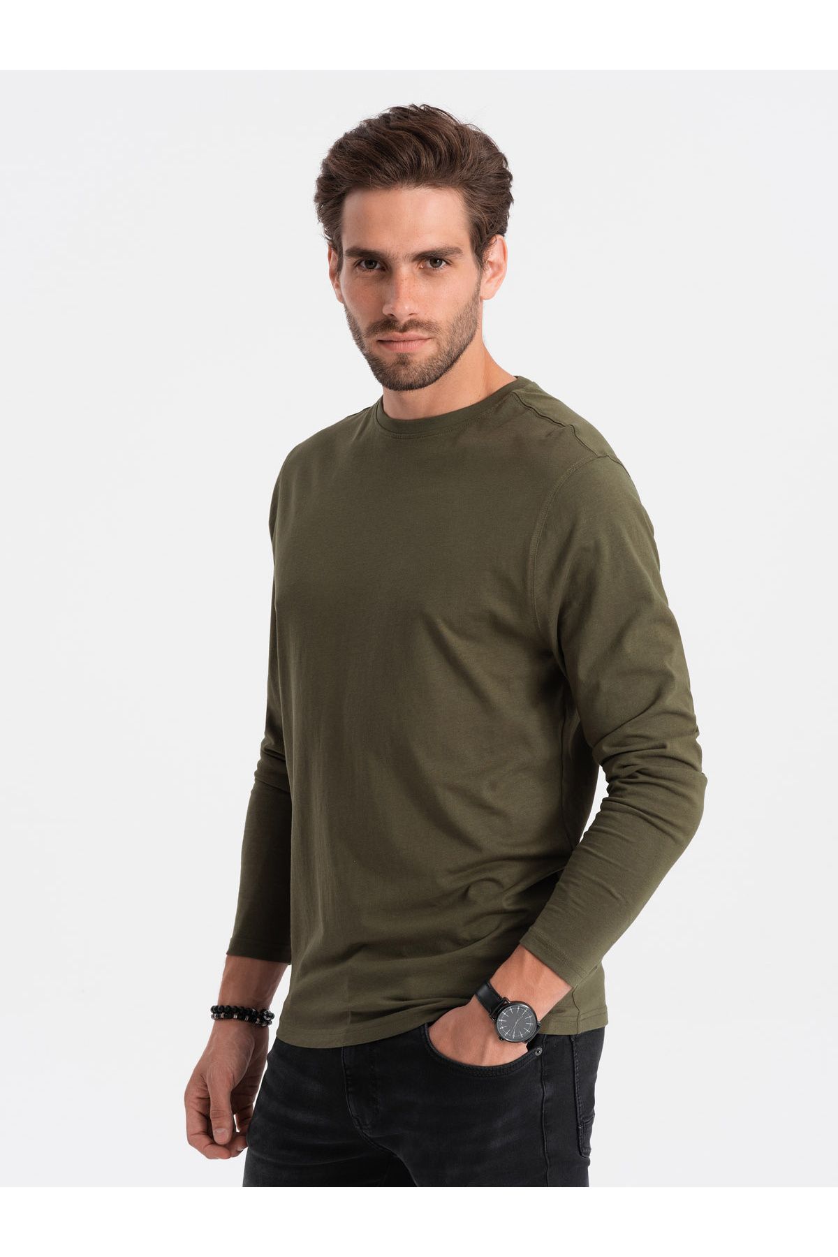OMBRE-Herren BASIC Longsleeve mit Rundhalsausschnitt - dunkeloliv V7 OM-LSBL-0106 L 2