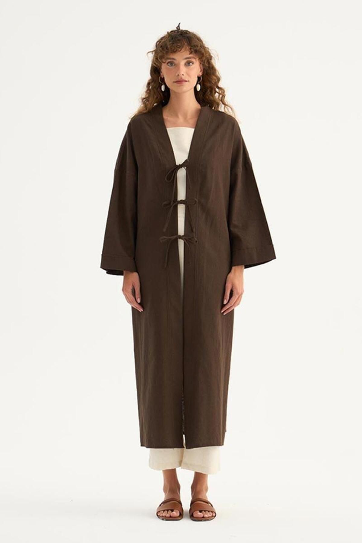 ALYOSHA FASHION Uzun Keten Kimono Acıkahve