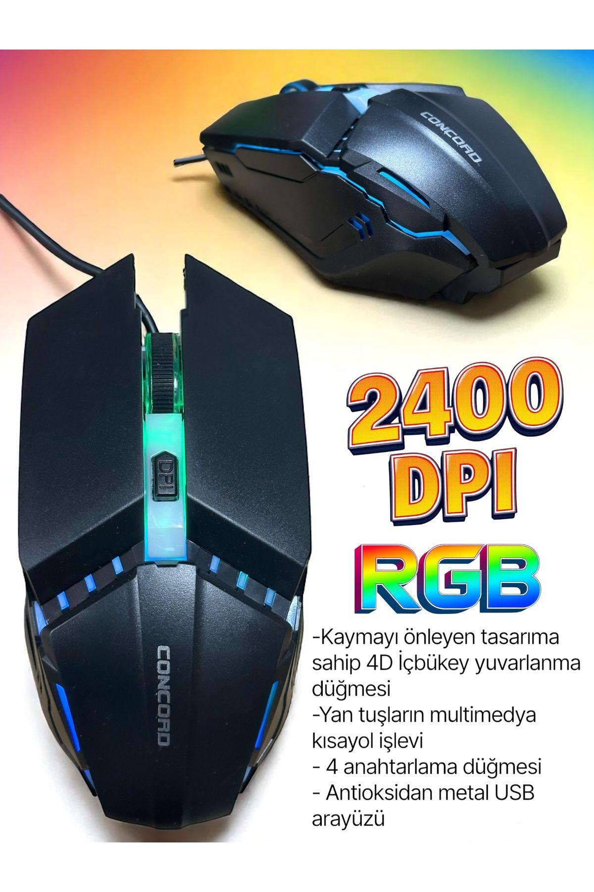 bestcase 2400 dpı Rgb Işıklı Kablolu 4 Tuşlu Oyuncu Kablolu Mouse Fare Kablolu