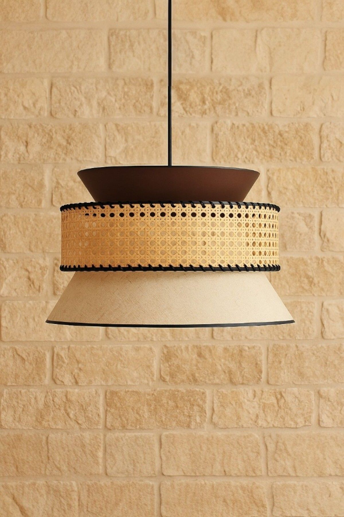 oceanpoint Doğal Bambu Detaylı Bohem Sarkıt Avize, Keten Kumaşlı Dekoratif Tavan Aydınlatma, 50x30 cm