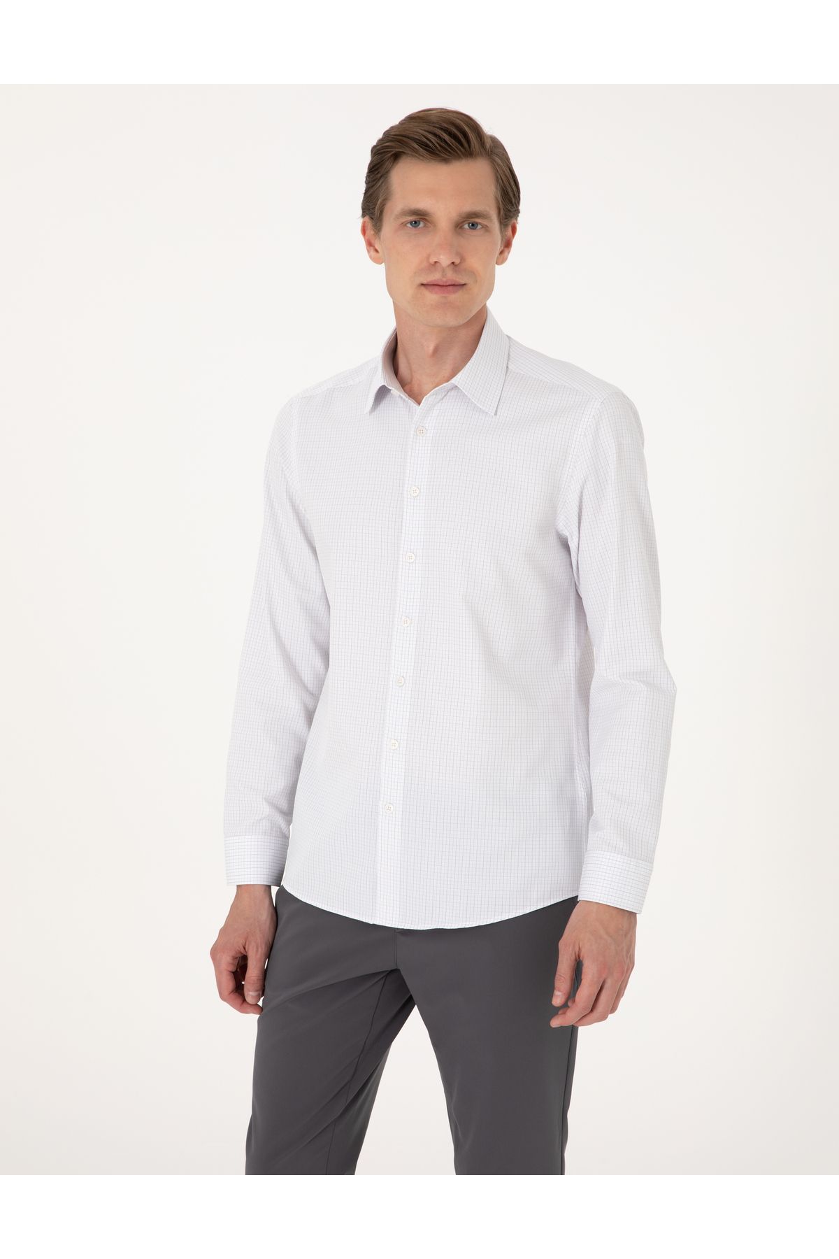 Pierre Cardin Gri Kareli Slim Fit Uzun Kollu Gömlek 50307263-VR024