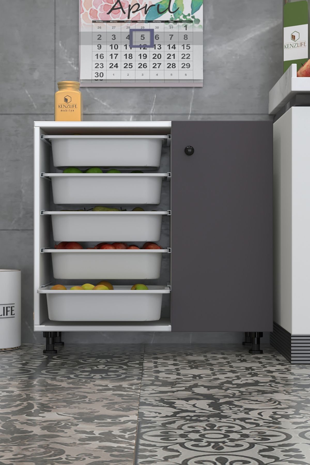 Kenzlife sepetli kapaklı mutfak dolabı şükufe gribyz 074*075*32 erzak 5 sepetli