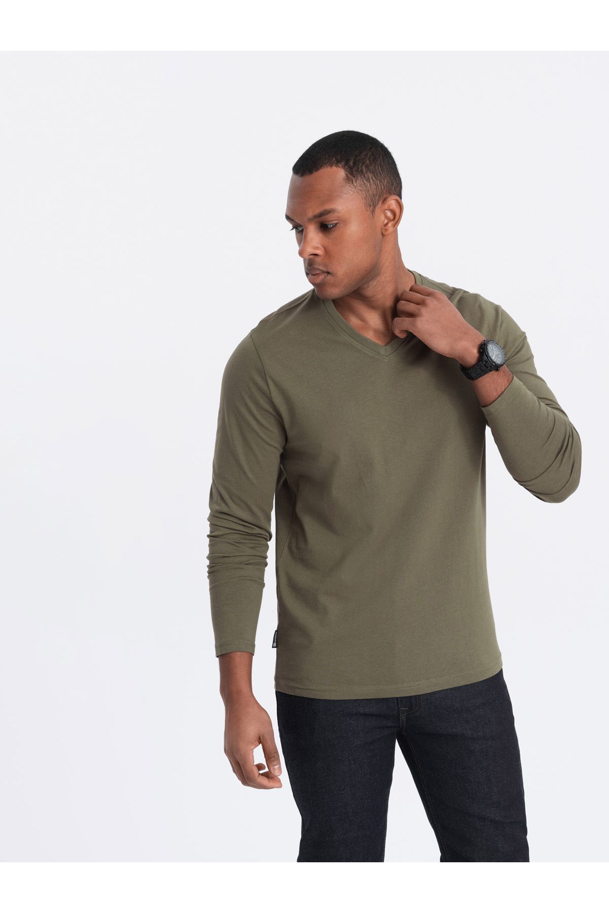 OMBRE-Unbedrucktes Herren Longsleeve mit V-Ausschnitt - Dunkeloliv V2 OM-LSBL-0108 XL 2