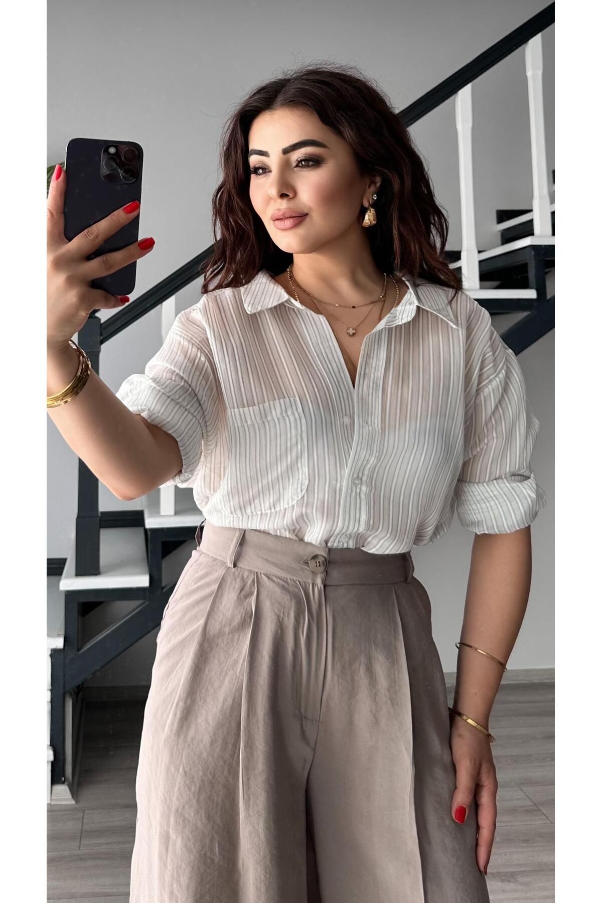 Oslove Vizon Boydan Çizgili Oversize Gömlek
