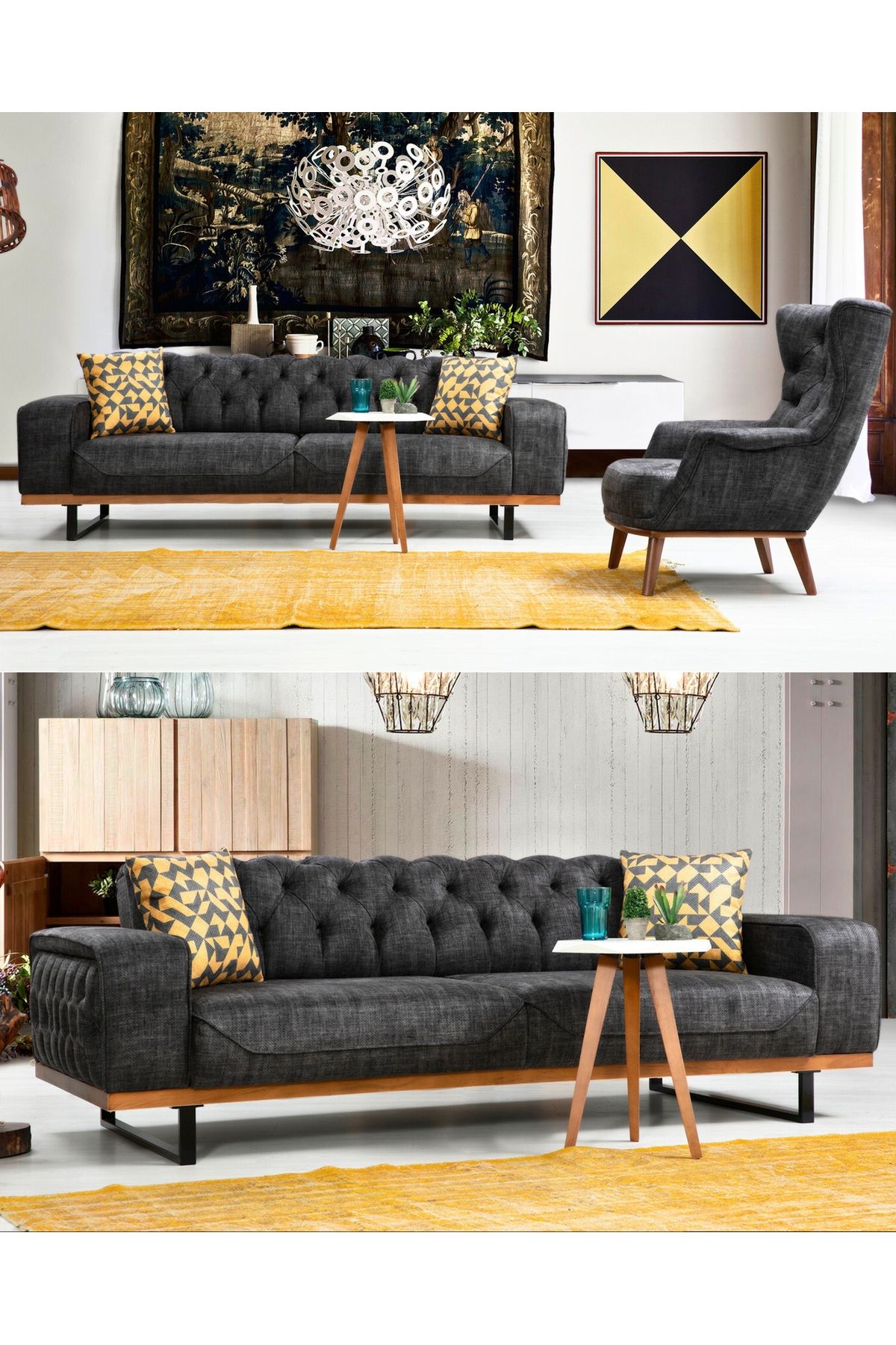 Velura Home & Living Enisa Chester Koltuk Takımı 3+1 & Genişleyebilir Kapitoneli Koltuk