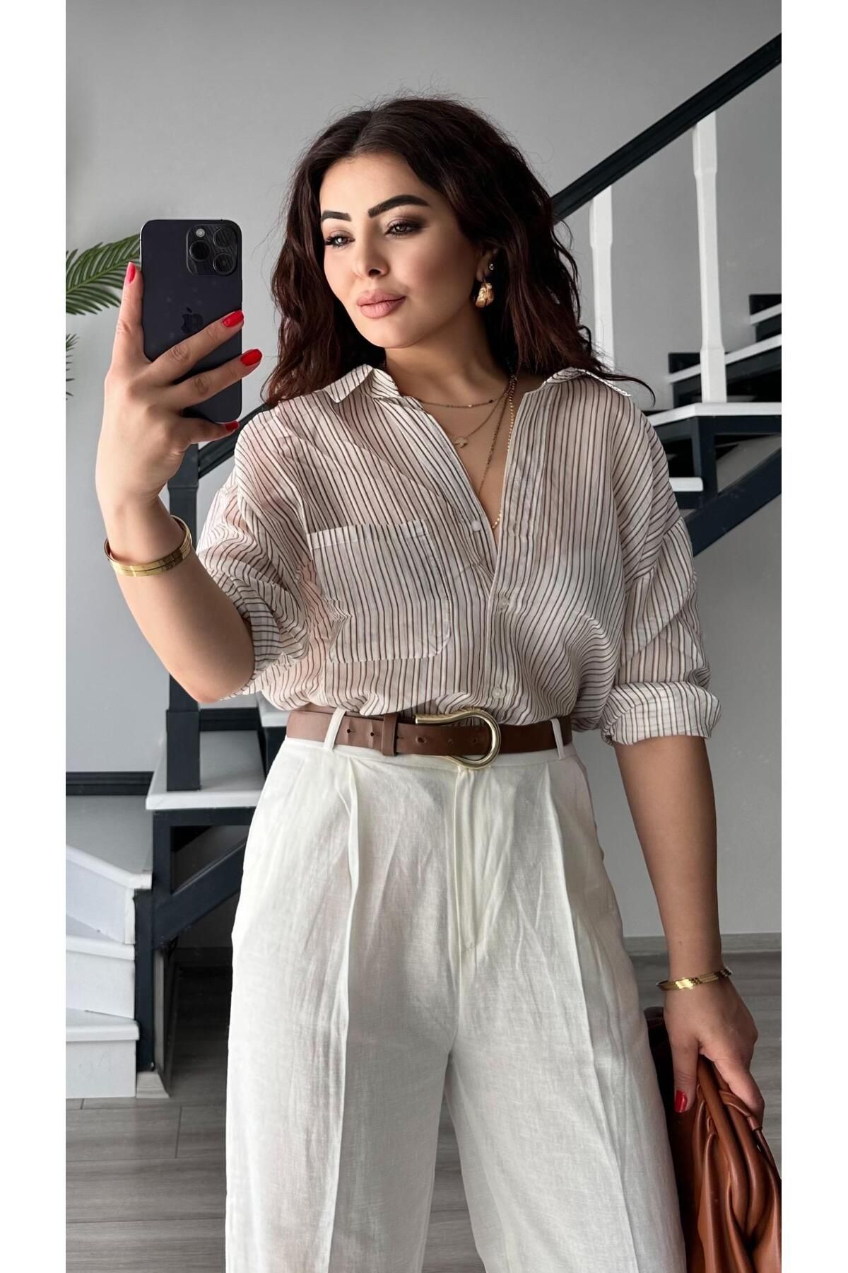 Oslove Kahve Boydan Çizgili Oversize Gömlek