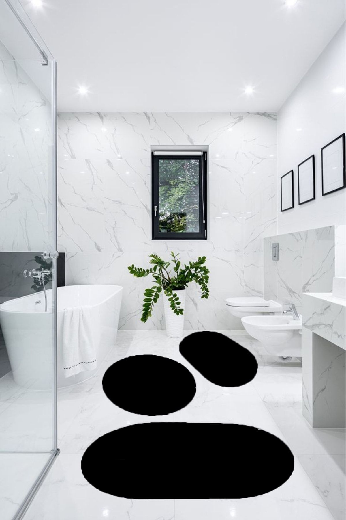 Classy Home Living Puffy Yumuşak 3'lü Banyo Halısı Paspası Oval Peluş Klozet Takımı-siyah 60x100-40x60-60x60
