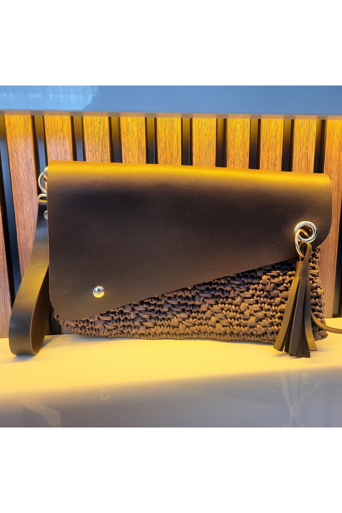 Siesta kaktus hobi Deri kapakli elcikli örgü clutch çanta