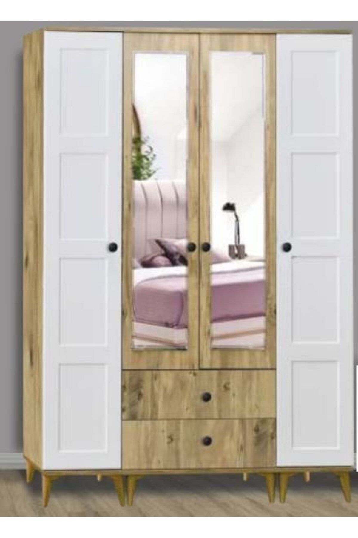 Yuvaset Home 4 Kapılı Aynalı Uras Kare Çam Dolap