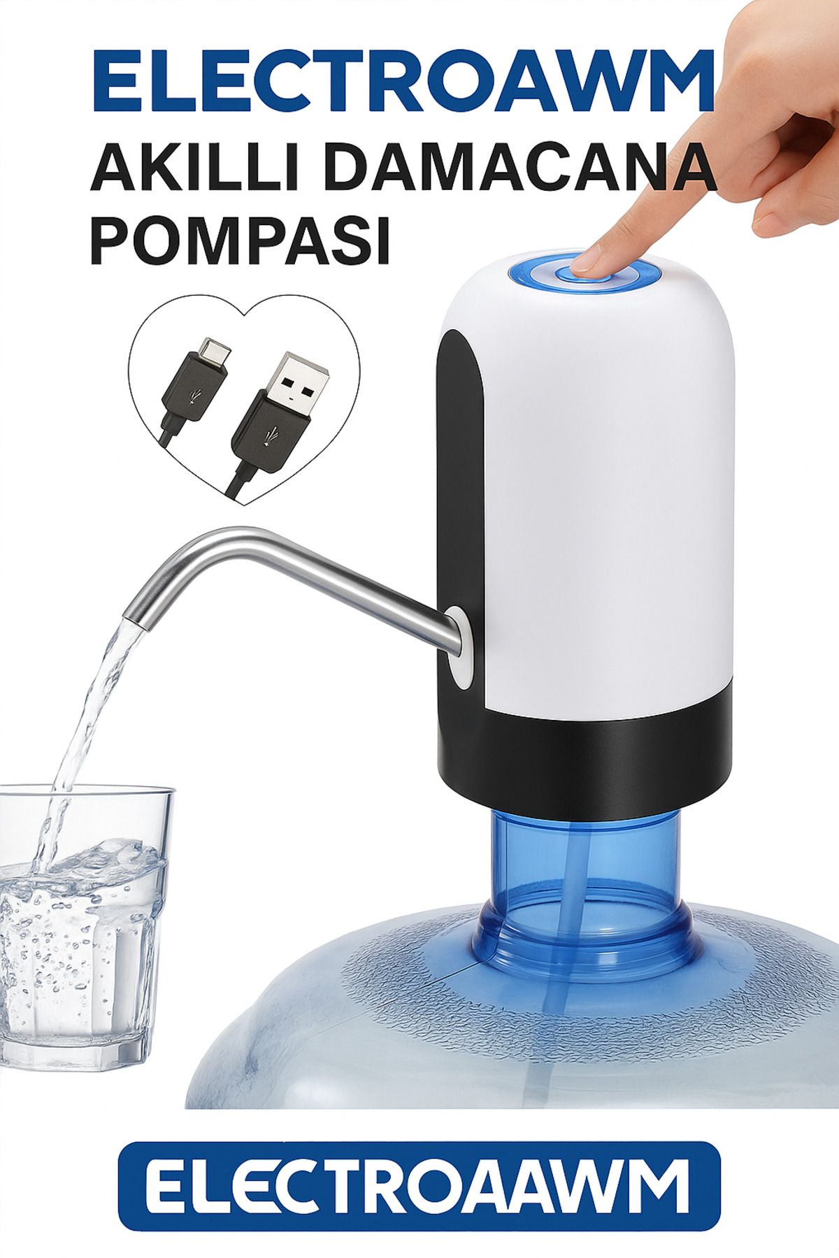 electroawm Şarjlı Damacana Pompası – USB Şarjlı, Otomatik Su Pompası