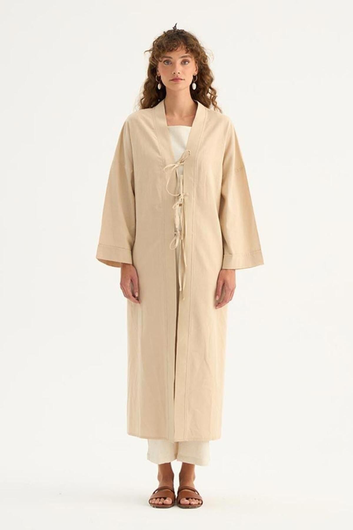 ALYOSHA FASHION Uzun Keten Kimono Krem