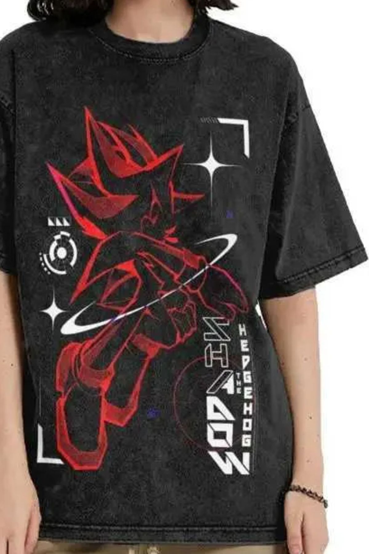 Köstebek Siyah Yıkamalı Sonic Red Line Stars Unisex T-shirt