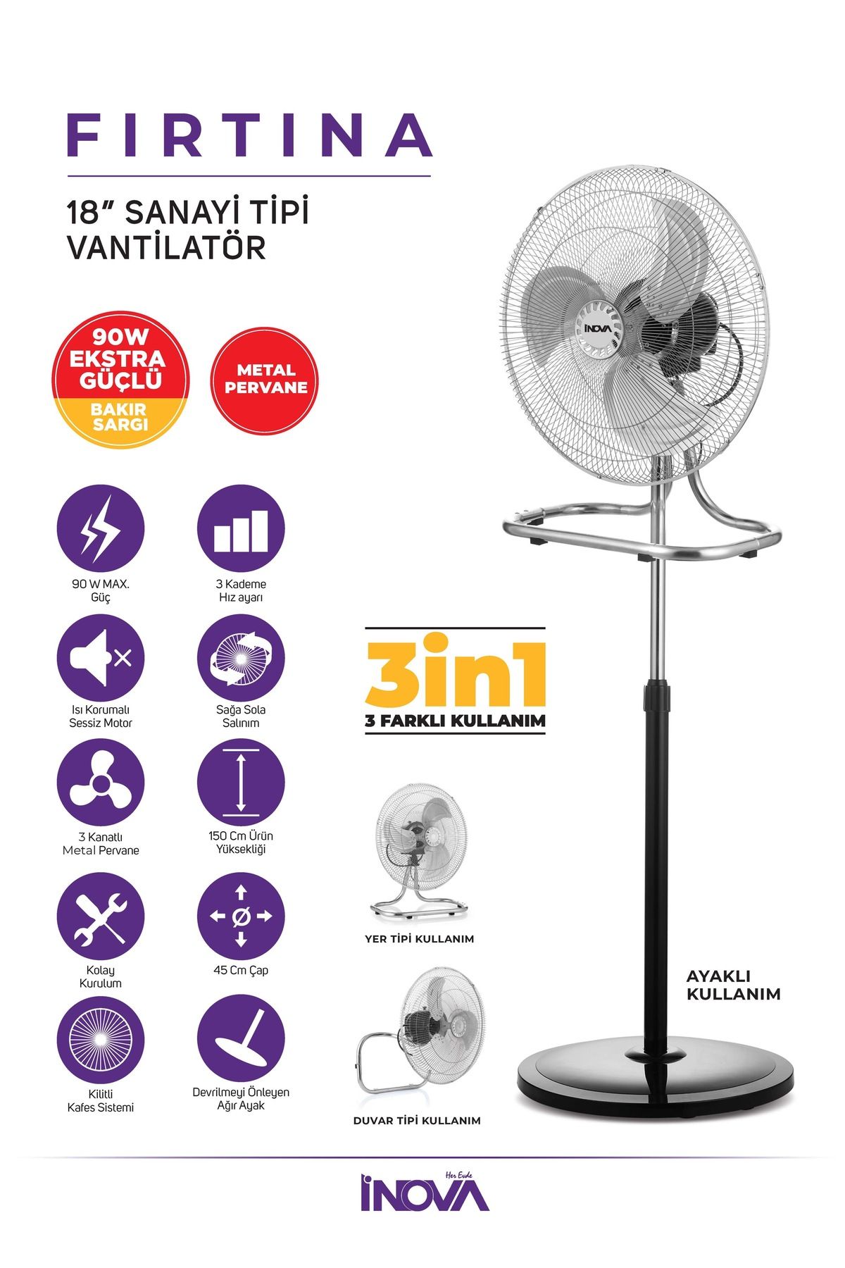 herevdeinova İnova Fırtına 18 İnç 45 Cm Sanayi Tipi 90 Watt Yer ve Duvar Aparatlı Vantilatör Serinletici