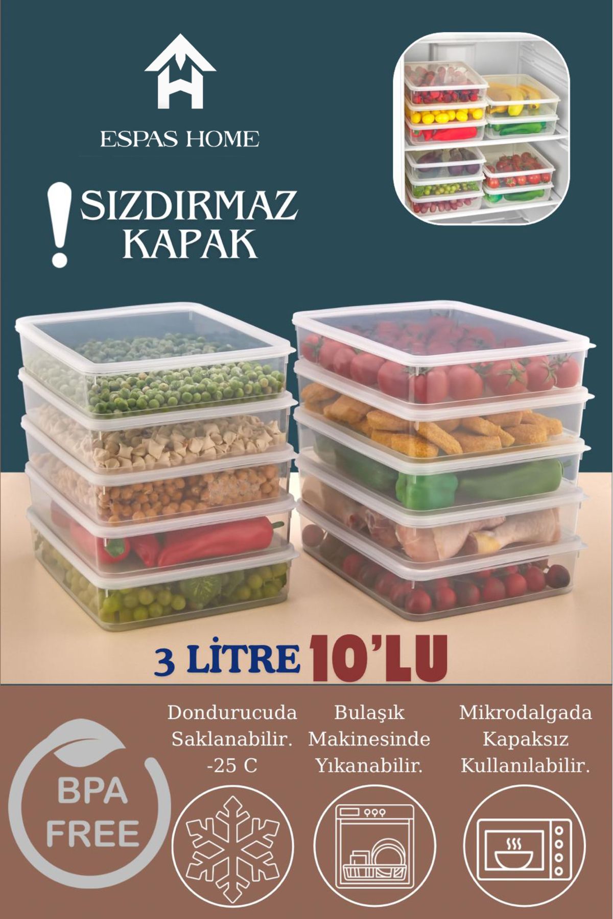 Espas Home 10'lu Sızdırmaz FreshBox Saklama Kabı – Mikrodalga ve Buzdolabı Uyumlu / 3000 ml – Şeffaf