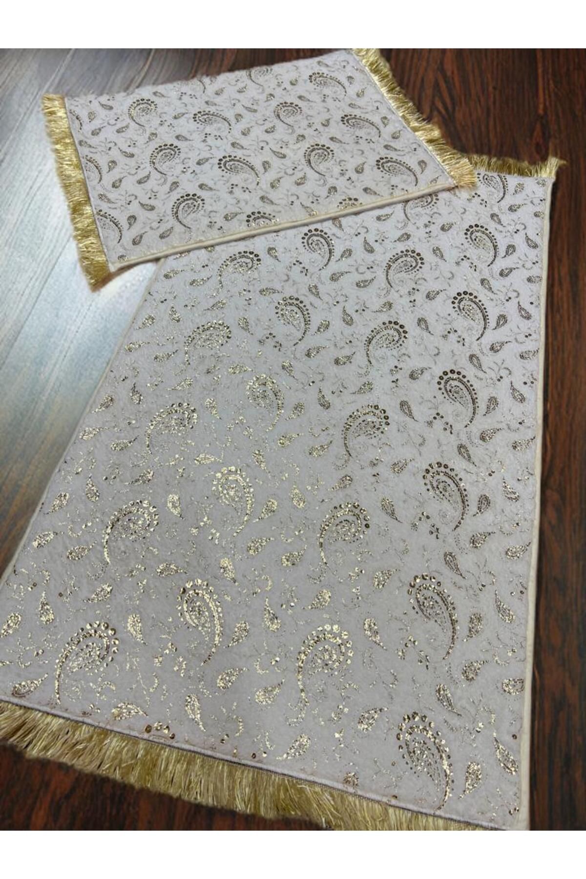 DECORA CASA HOME COLLECTİON Varak Paskılı Saçakılı Banyo paspas Takımı kaymaz Taban İkili Klozet Takımı