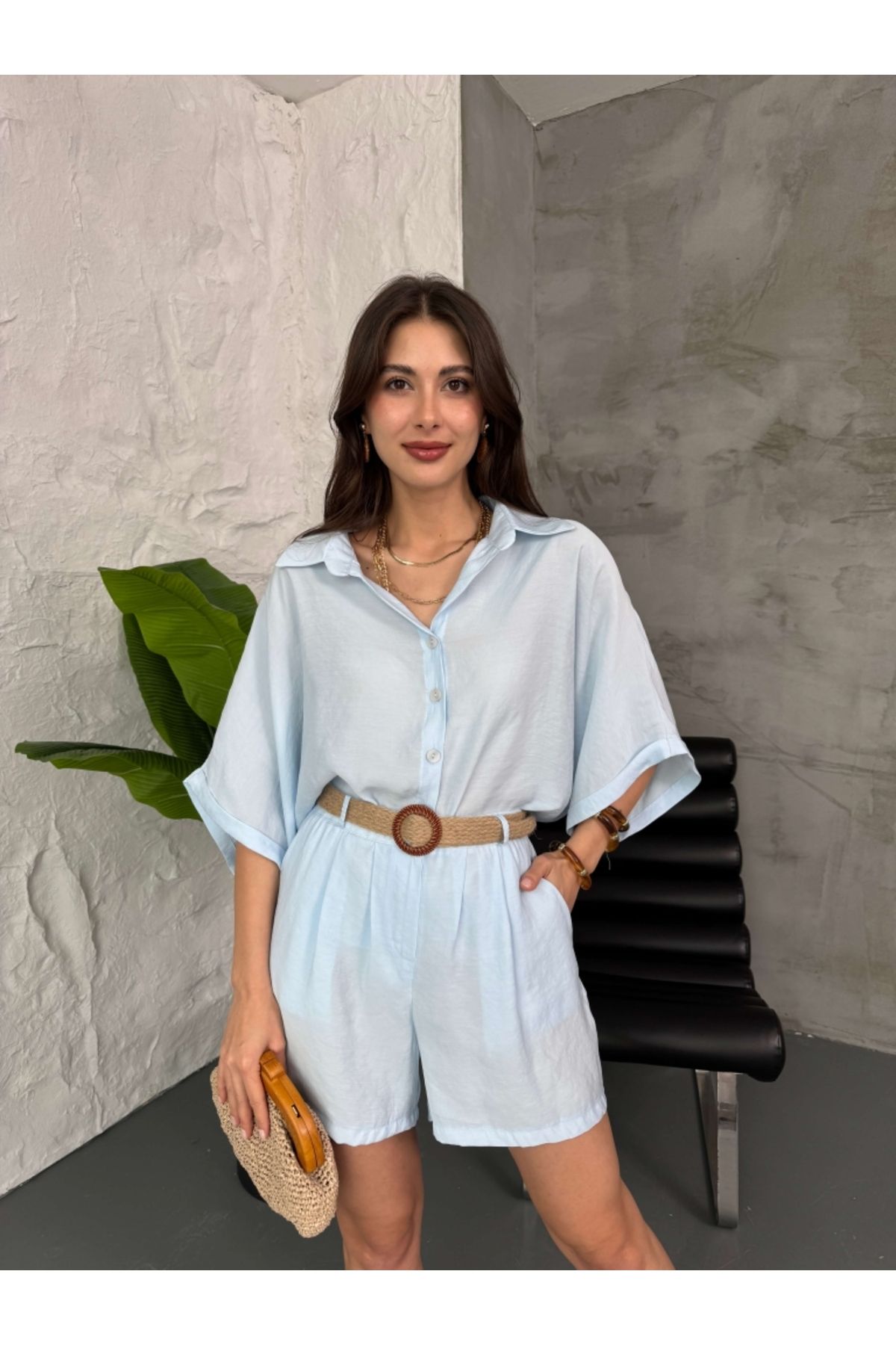 Elif Özbey Butik Bebe Mavi Hasır Kemerli Şortlu Takım