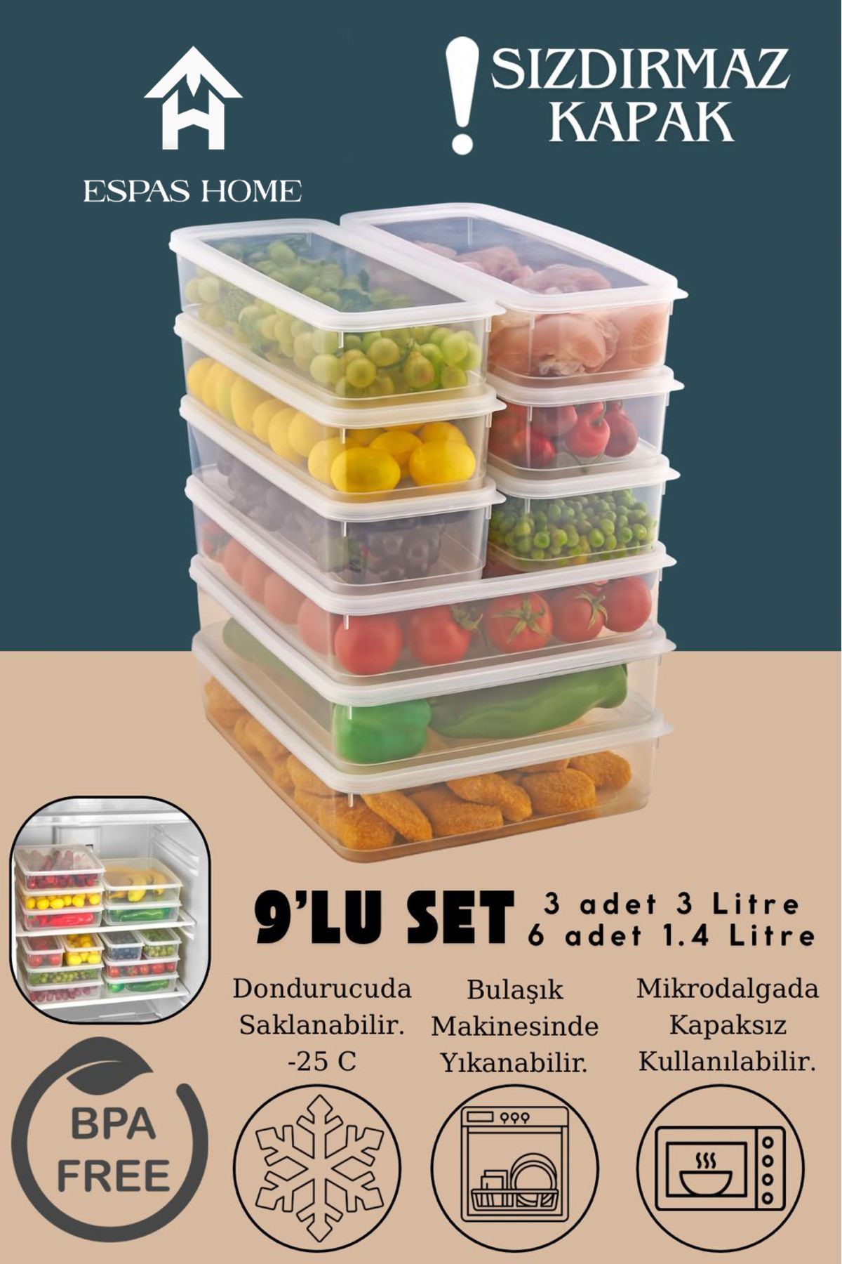 Espas Home 9'lu Sızdırmaz FreshBox Saklama Kabı – Mikrodalga ve Buzdolabı Uyumlu / 3x3000 ml - 6x1400 ml