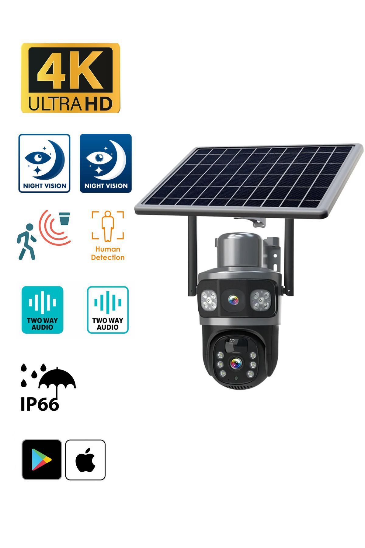 Blic 4G SIM Kartlı,Çift Lensli 3/3 6MP Solar Panelli Üçlü Ekran Güvenlik Kamerası, Gece Görüşlü