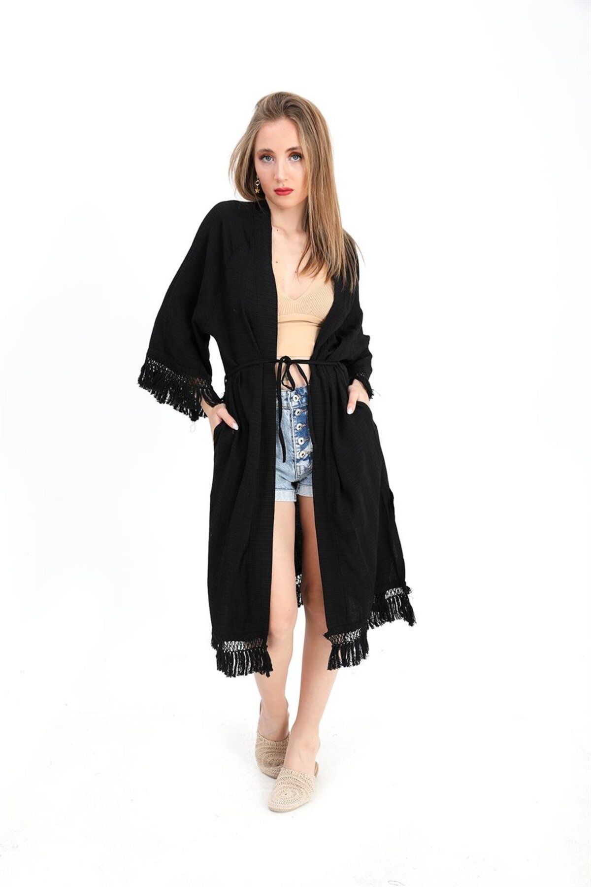 VAPUR TEKSTİL Kimono Palmiye Baskılı Püsküllü - Siyah