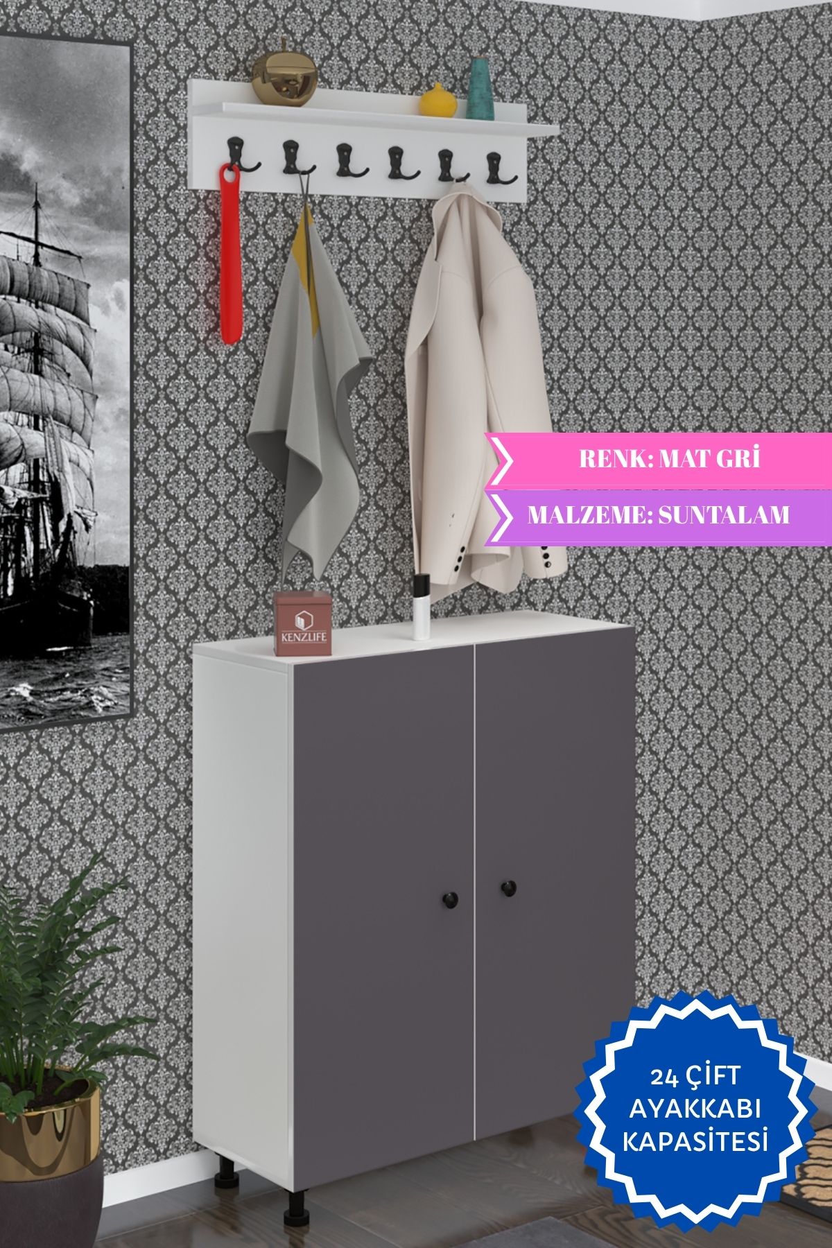 Kenzlife portmanto ayakkabılık ve askılık edik6 gribyz 98*080*32 yirmidört çift ayakkabı kapasitesi