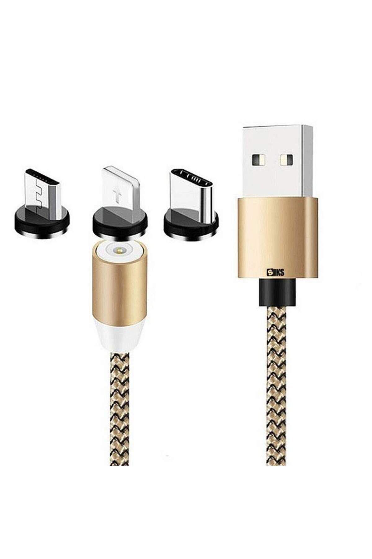 SIKS-Cablu de încărcare 3 în 1, magnetic, Lightning, Micro-USB, Tip C, Auriu 1
