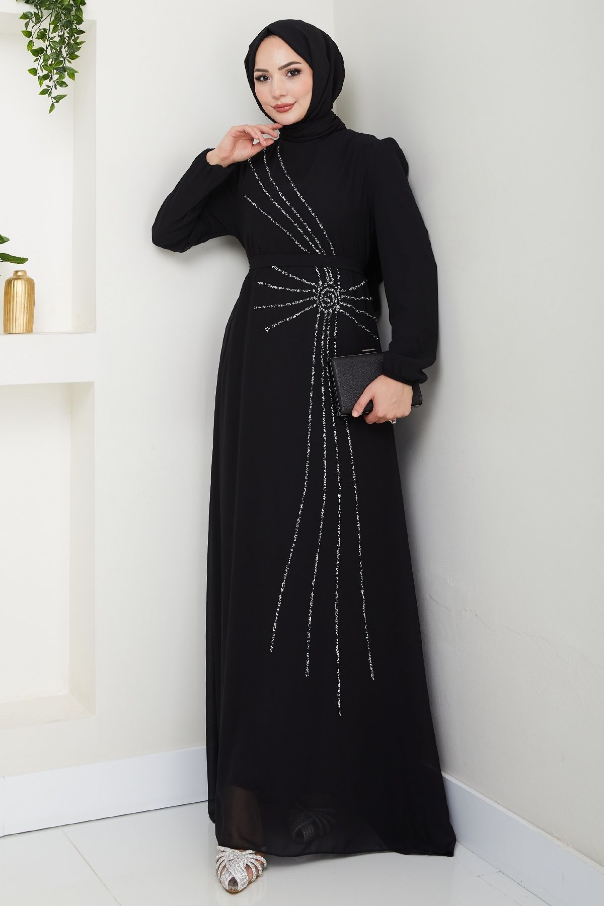 InStyle Taş İşlemeli Asimetrik Siyah Abiye