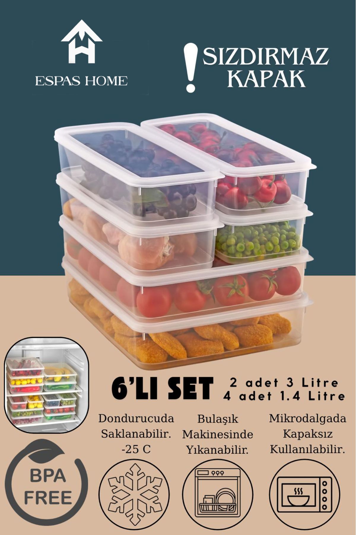 Espas Home 6'lı Sızdırmaz FreshBox Saklama Kabı – Mikrodalga ve Buzdolabı Uyumlu / 2x3000 ml - 4x1400 ml