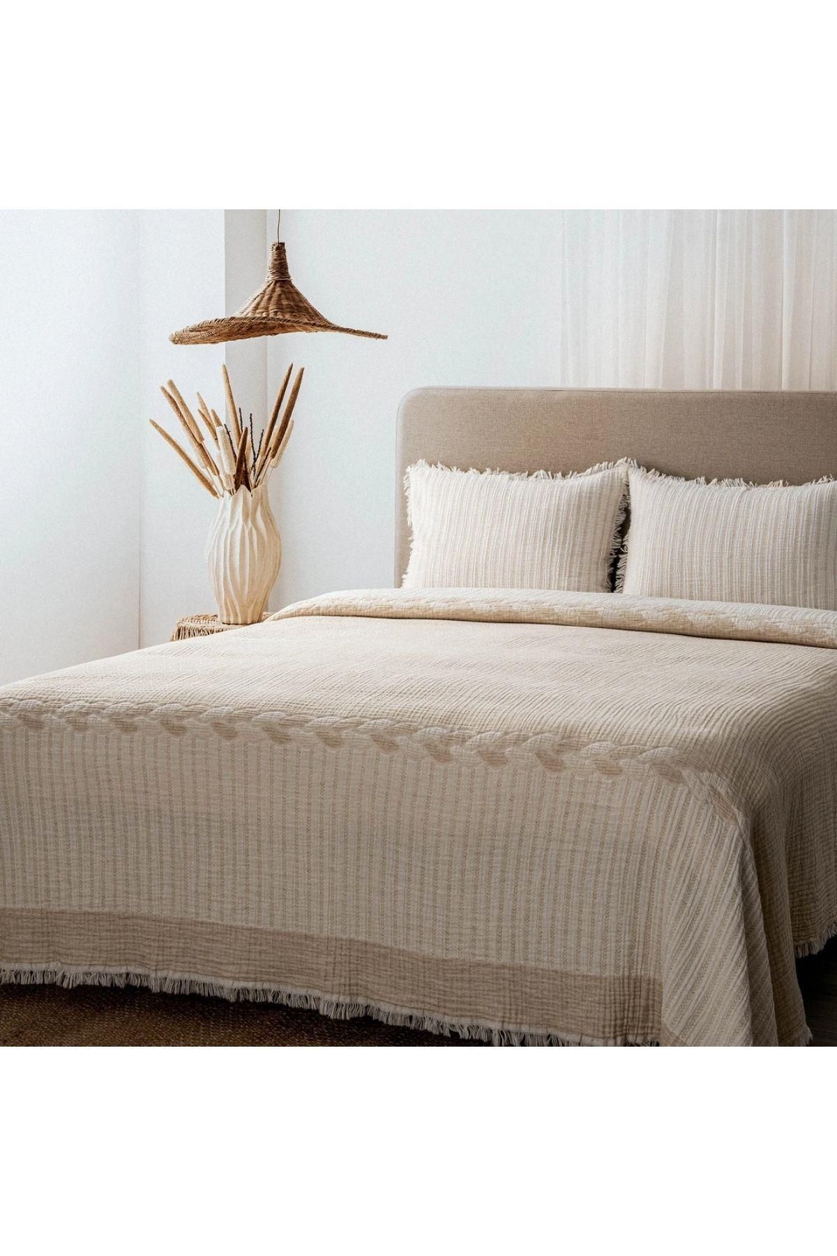 Ecocotton Alina Çift Kişilik Pike Takımı %100 Organik Pamuk Keten Dokuma Krem 260x240 Cm