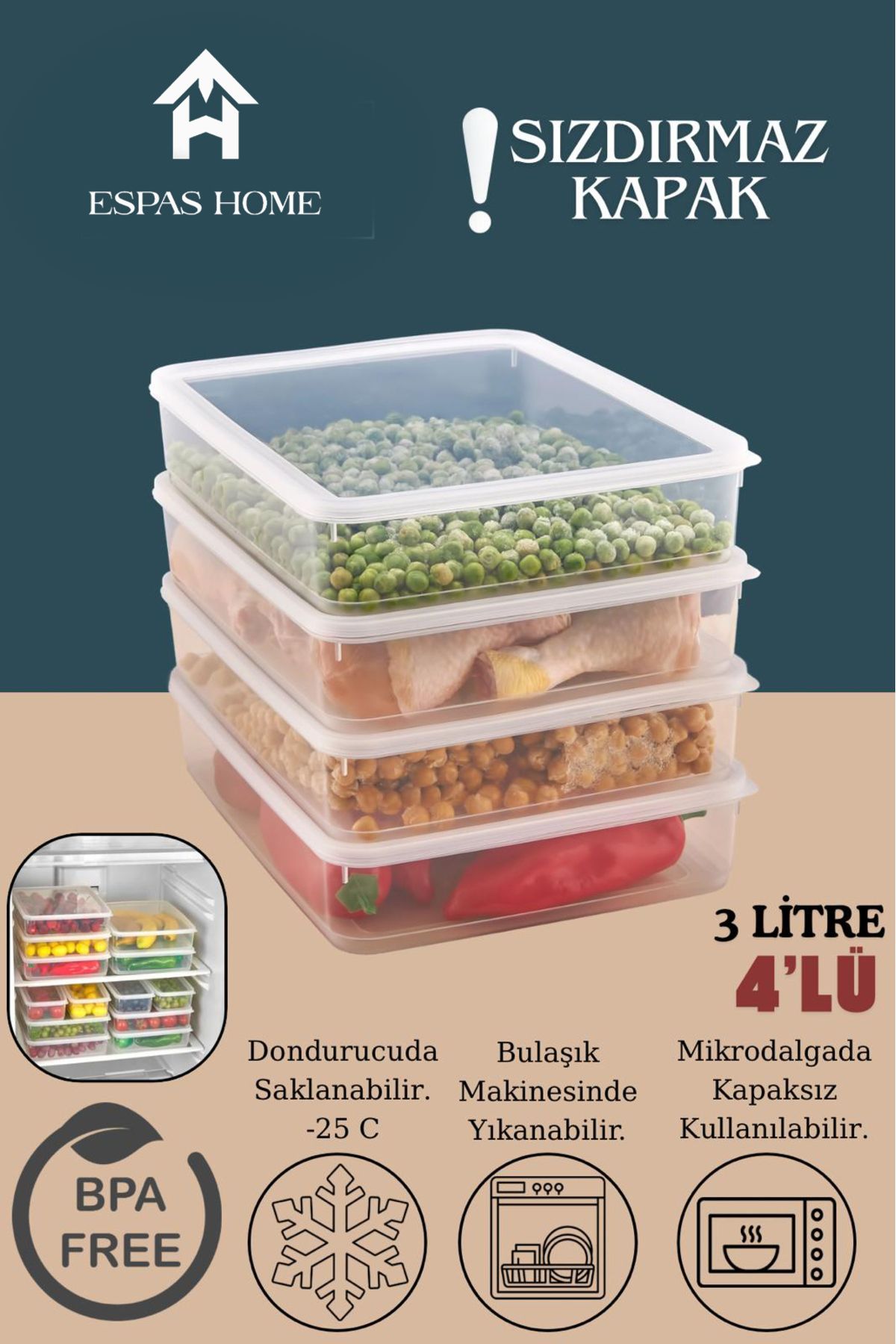 Espas Home 4'lü Sızdırmaz FreshBox Saklama Kabı – Mikrodalga ve Buzdolabı Uyumlu / 3000 ml – Şeffaf