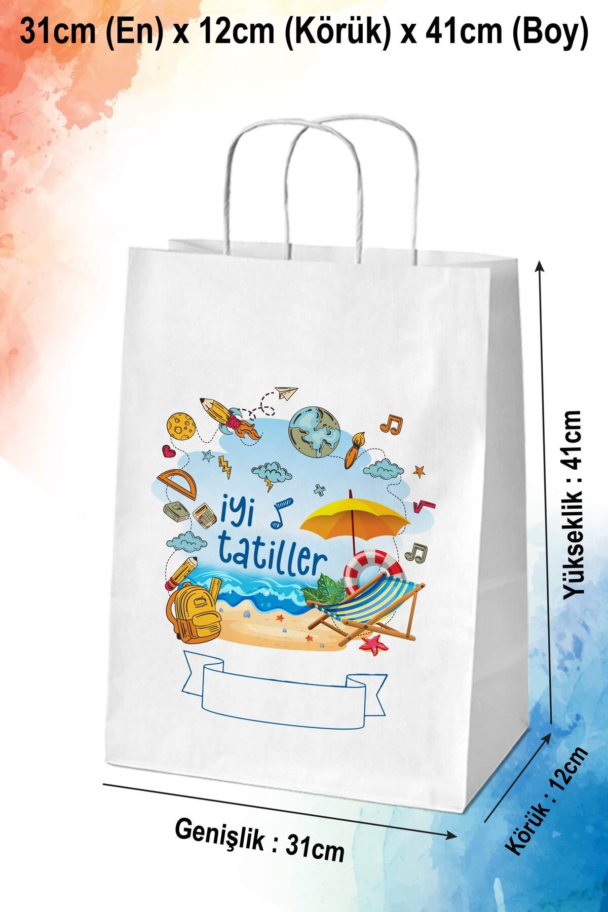 nna tasarım 50 Adet Yaz İyi Tatiller Baskılı Hediyelik Kağıt Çanta/poşet 31x12x41 Cm