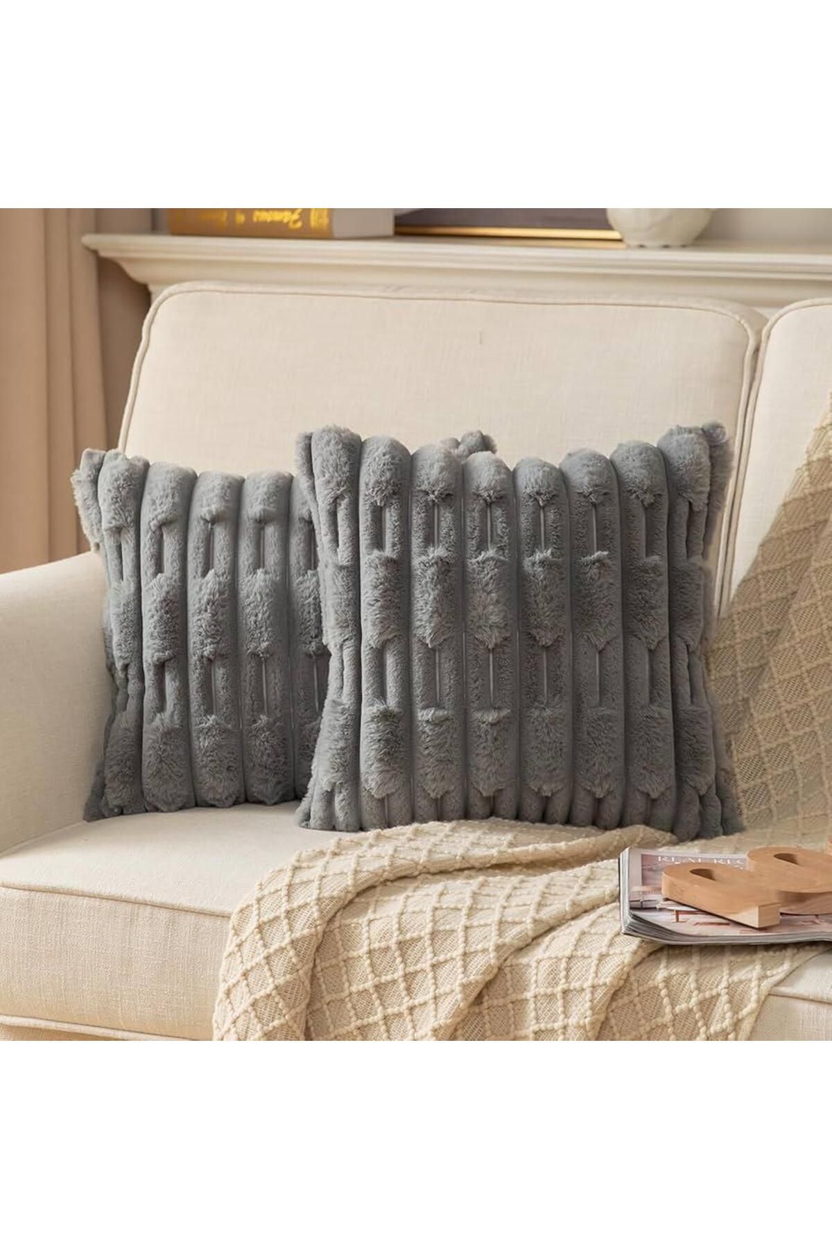 DECORA CASA HOME COLLECTİON Adet Süper Yumuşak Peluş Dekoratif Kırlent Kılıfı 43x43cm Tavşan Tüyü