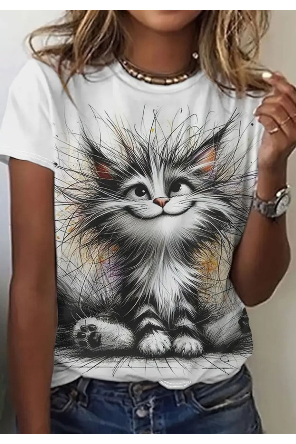 Little Visqon Kadın Kısa Kollu Bisiklet Yaka Kedi Baskılı Süprem Bluz