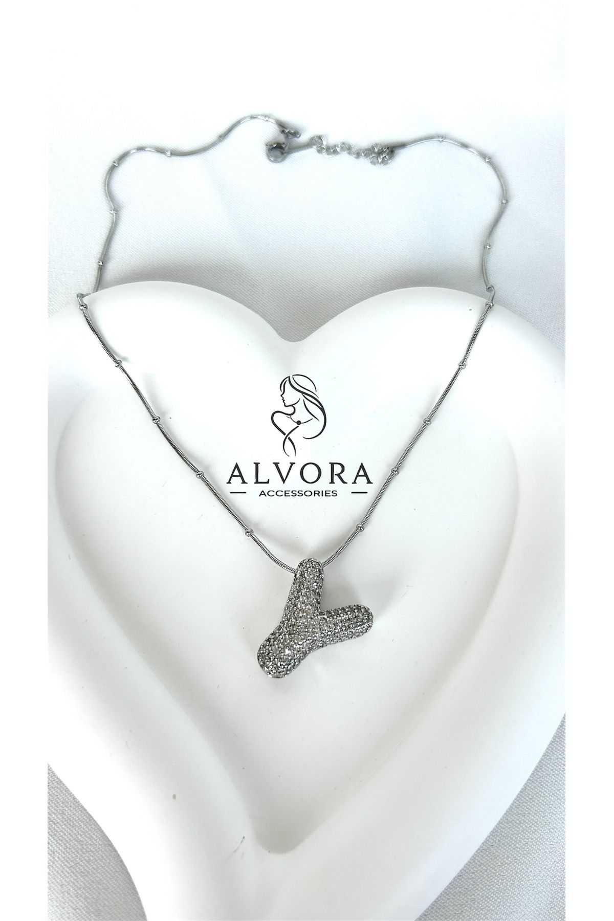 Alvora Accessories Y Harfi Paslanmaz Çelik Gümüş Renk Zirkon Taş Detaylı Harf Kolye