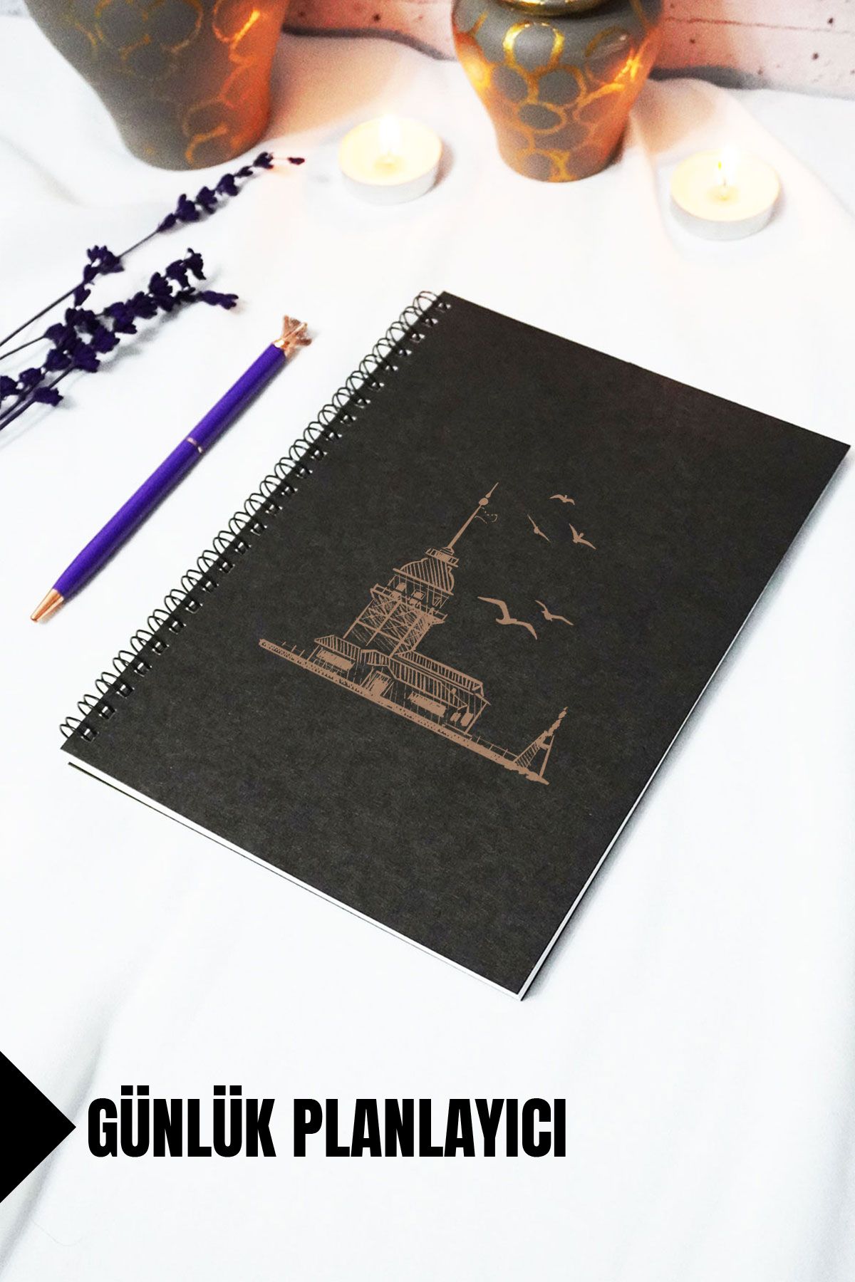 markcat A5 Kız Kulesi Temalı Siyah Kraft Kapaklı Defter - Çizgili Defter - 60 yaprak (120 sayfa) 15x21 cm