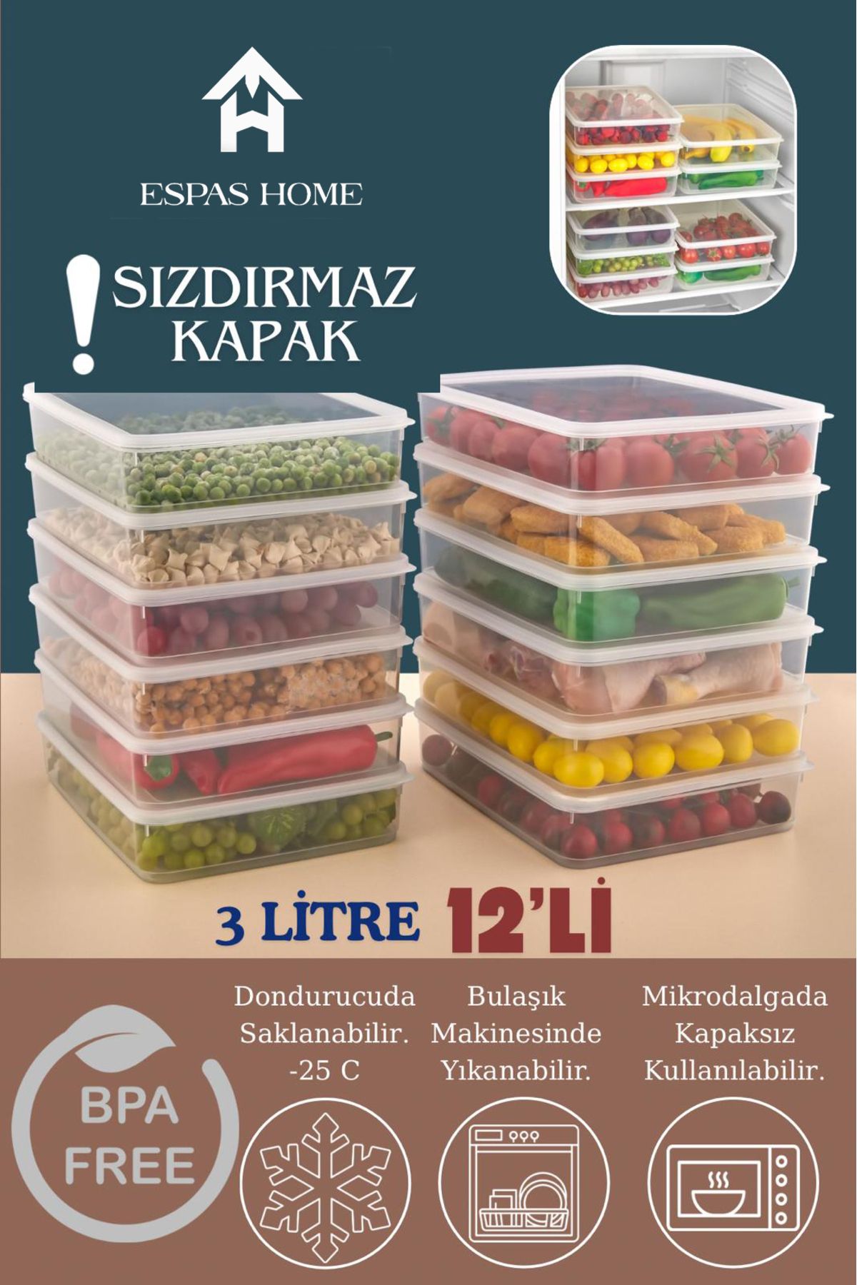 Espas Home 12'li Sızdırmaz FreshBox Saklama Kabı – Mikrodalga ve Buzdolabı Uyumlu / 3000 ml – Şeffaf