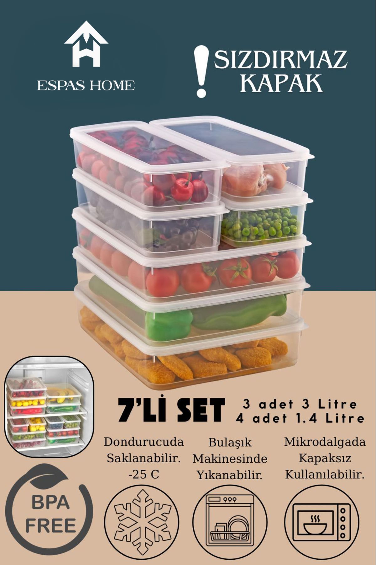Espas Home 7'li Sızdırmaz FreshBox Saklama Kabı – Mikrodalga ve Buzdolabı Uyumlu / 3x3000 ml - 4x1400 ml