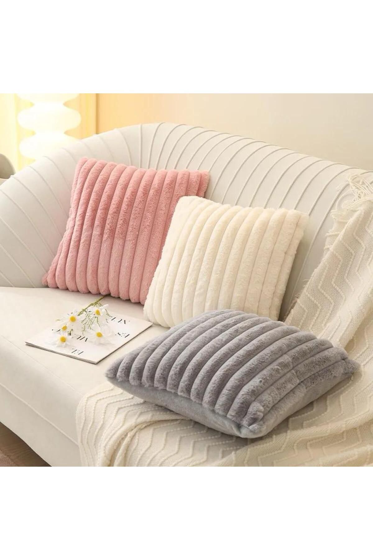 DECORA CASA HOME COLLECTİON 3 Adet Çizgili Süper Yumuşak Peluş Kırlent Kılıfı 43x43CM