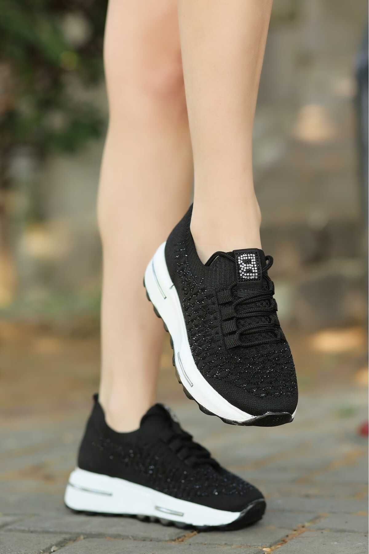 LEYDİ SHOES Siesta Siyah Beyaz Triko Spor Ayakkabı