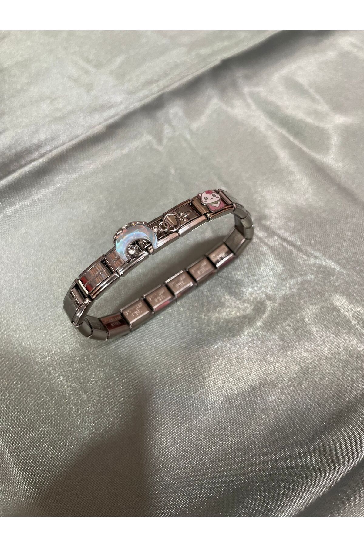 TASARIM13 316 L Ay ve Kedili Charmlı Çelik Nomination (2 adet charm )