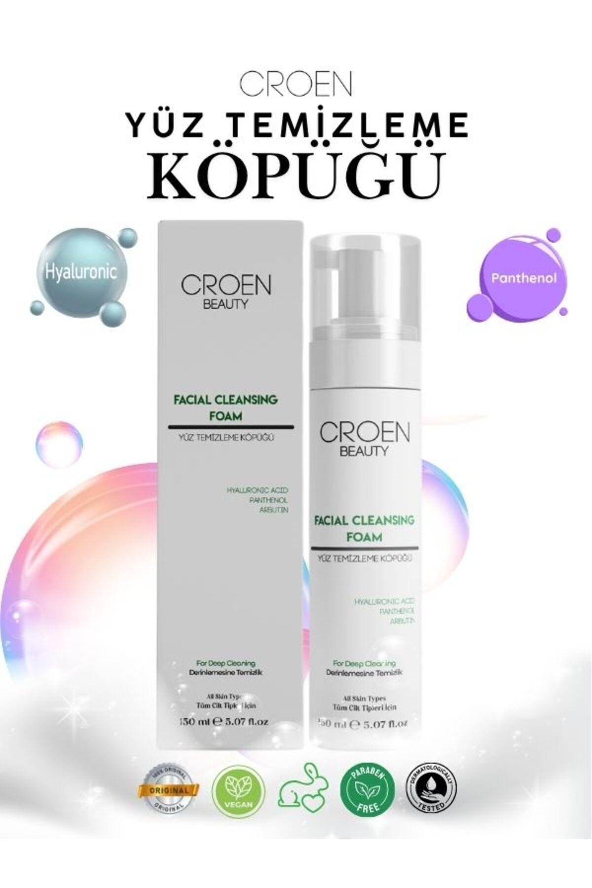 Croen Beauty Croen Aydınlatıcı & Arındırıcı Yüz Temizleme Köpüğü 150 ml – Niacinamide, Hyaluronik Asit, Arbutin