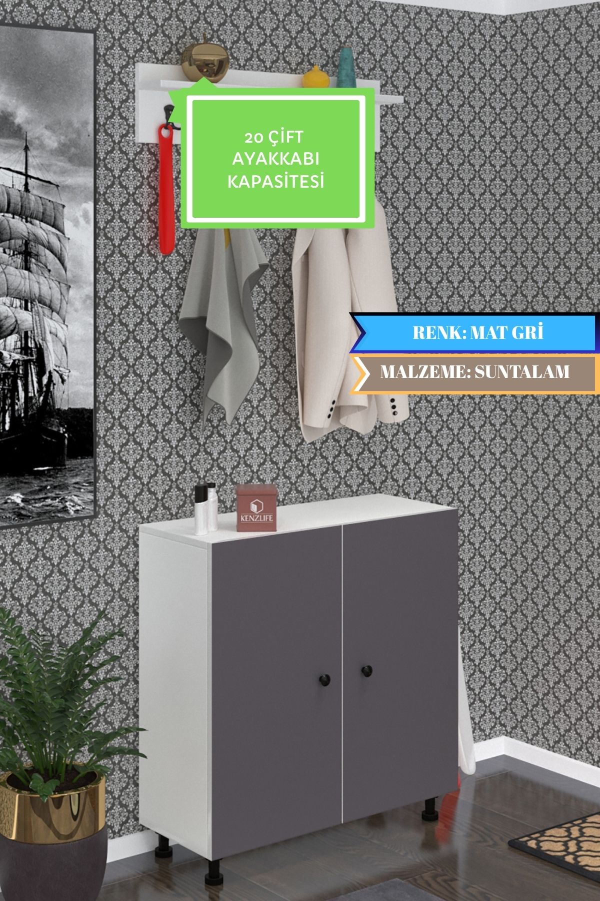 Kenzlife ayakkabılık galoş5 gribyz 83*080*32 kapaklı 5 raflı 20 çift ayakkabı kapasitesi